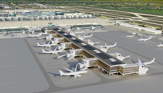 Visualisierung T-Stiel Der sogenannte "T-Stiel" soll im Osten rechtwinkelig an das bestehende Satellitengebäude angeschlossen werden.